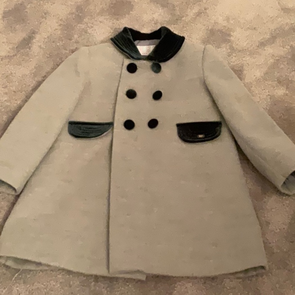 Grey coat with velvet trim and buttons- size 24 months. Perfect condition.